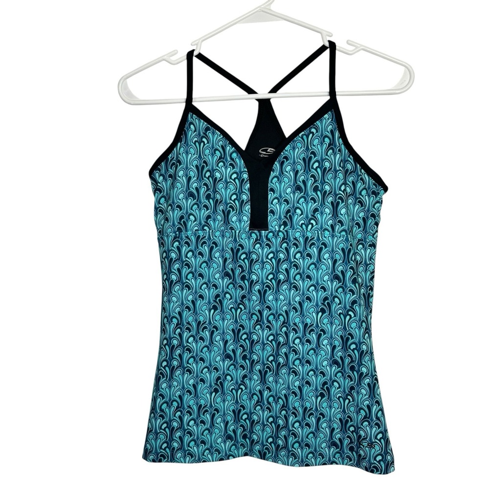 Champion Women's S Athletic Tank Top Built In Bra Racerback Teal Black Print